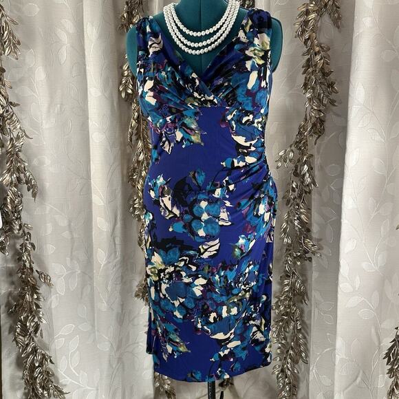American Living Floral Ruched Dress | Size 14 |‎ Blue Purple | Sleeveless Sheath - Picture 7 of 10